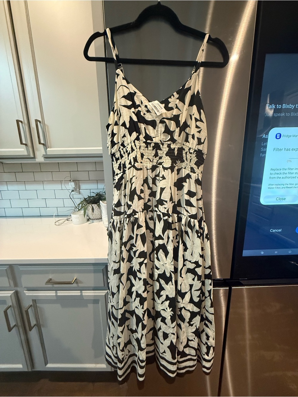Aritzia Black and White Floral Smocked Midi Dress